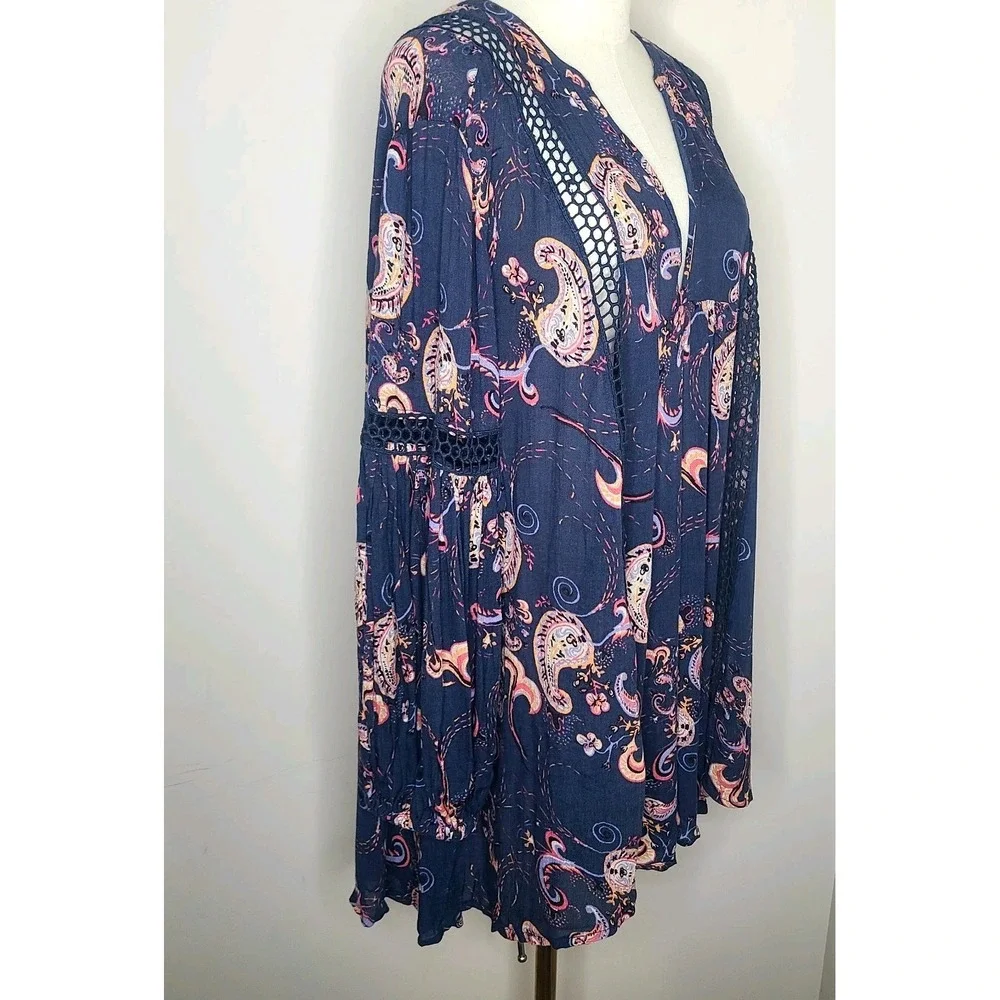 Free People Women's Blue‎ Boho Just the Two of Us Paisley Mini Dress Tunic Sz M